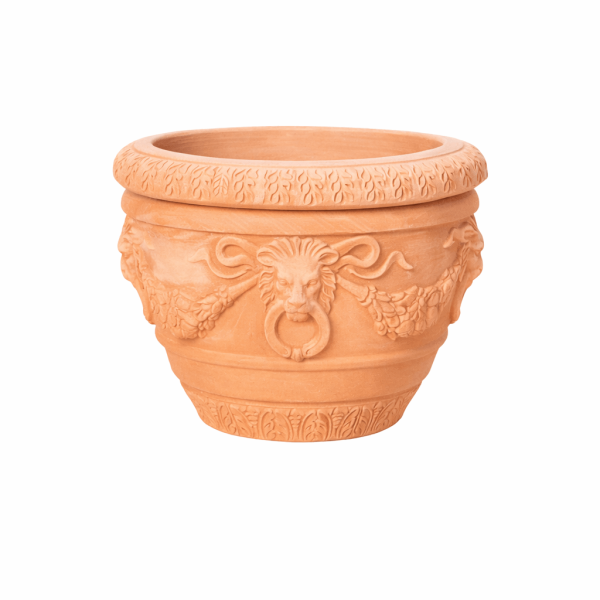 Reich verzierter bauchiger Terracottatopf aus Impruneta mit Löwenkopf, Ranken und Akanthusblättern